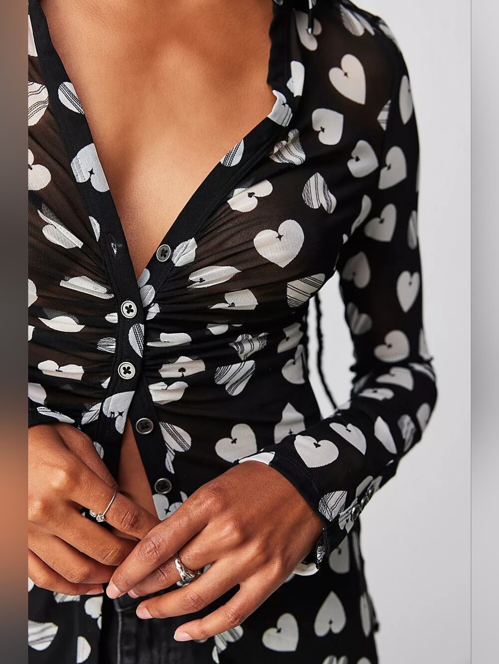 Free People Lucky Shirtee Heart Print Mesh Ruched Button Up Top Black White Sz S
